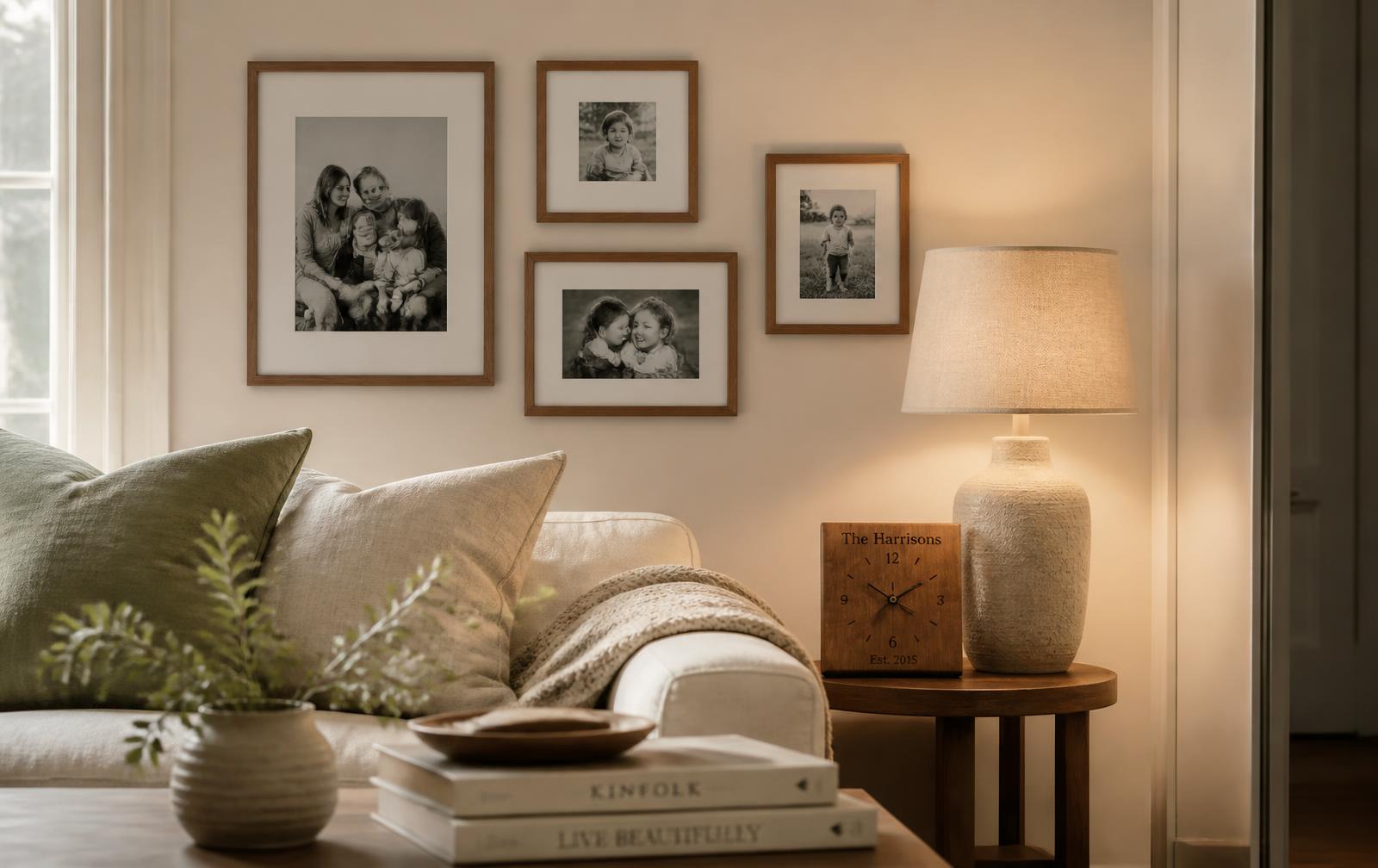 Mur de cadres en noyer avec photos noir et blanc, lampe en céramique allumée et coussins lin et sauge